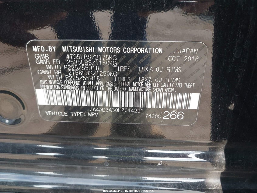 2017 Mitsubishi Outlander VIN JA4AD3A30HZ014291 IAAI salvage auction — FRONT END, Clear (Indiana), sold $2,550 on 2026-08-02 (photo 9)