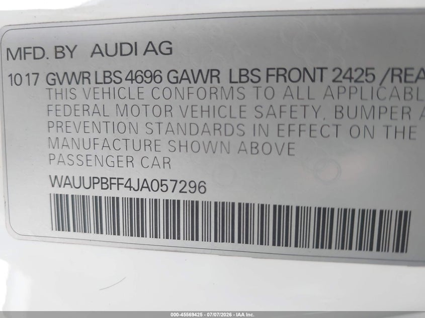 2018 Audi A3 VIN WAUUPBFF4JA057296 IAAI salvage auction — LEFT SIDE, Salvage Title, sold $4,025 on 2026-07-22 (photo 9)