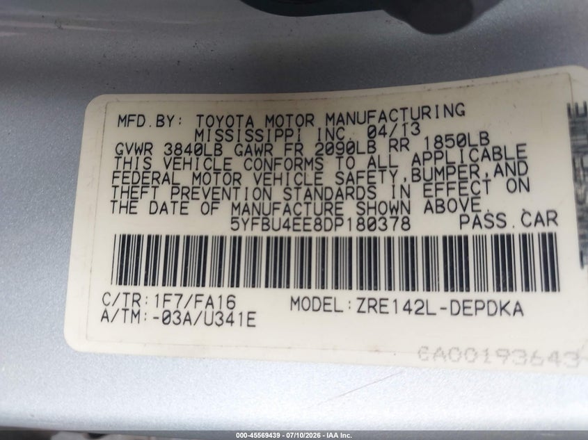 2013 Toyota Corolla VIN 5YFBU4EE8DP180378 IAAI salvage auction — FRONT END, Rebuildable (Florida), sold $2,150 on 2026-07-28 (photo 9)