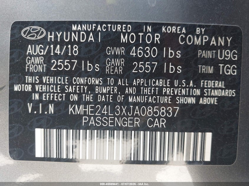 2018 Hyundai Sonata VIN KMHE24L3XJA085837 IAAI salvage auction — NORMAL WEAR, Salvage Title, sold $1,900 on 2026-07-22 (photo 9)