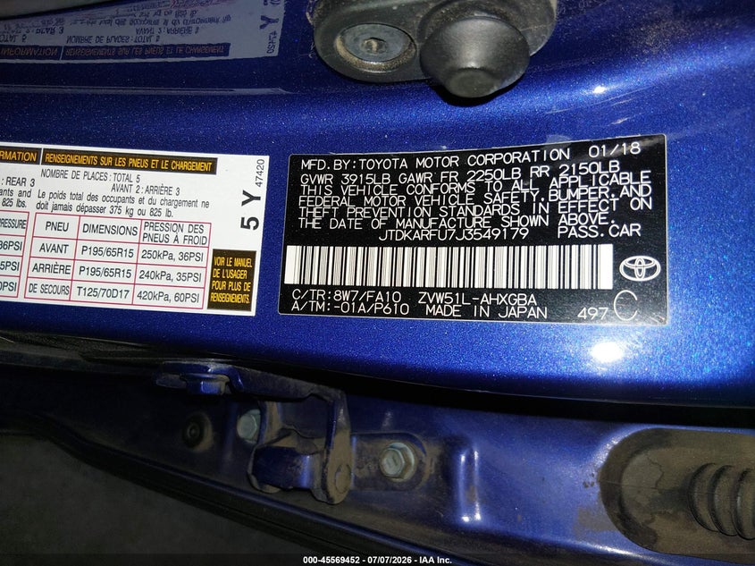 2018 Toyota Prius VIN JTDKARFU7J3549179 IAAI salvage auction — FRONT END, Salvage Title, sold $25 on 2026-07-28 (photo 9)