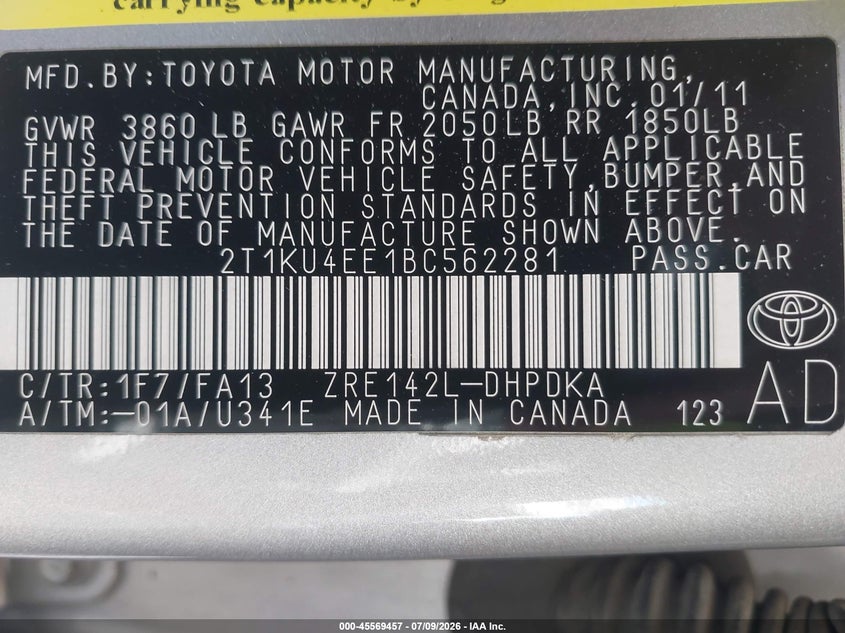 2011 Toyota Matrix VIN 2T1KU4EE1BC562281 IAAI salvage auction — REAR END, Salvage (California), sold $1,650 on 2026-07-23 (photo 9)