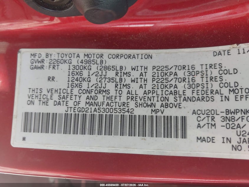 2003 Toyota Highlander VIN JTEGD21A530053542 IAAI salvage auction — NORMAL WEAR, Original (Texas), sold $475 on 2026-07-29 (photo 9)