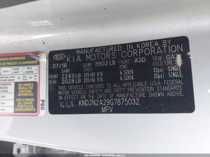 2016 Kia Soul VIN KNDJN2A29G7875032 IAAI salvage auction — NORMAL WEAR, Clear (Florida), sold $675 on 2026-07-15 (photo 9)