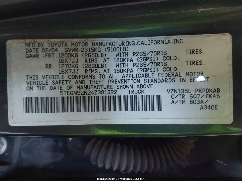 2004 Toyota Tacoma VIN 5TEGN92N24Z381322 IAAI salvage auction — NORMAL WEAR, Clear - Dealer Only (California), sold $25 on 2026-07-21 (photo 9)