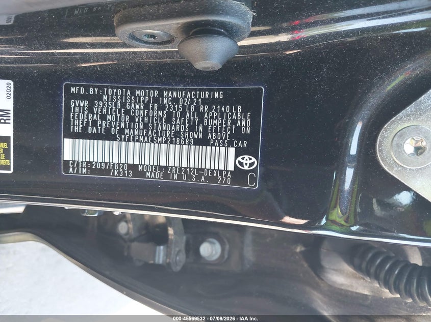 2021 Toyota Corolla VIN 5YFEPMAE5MP218689 IAAI salvage auction — FRONT & REAR, Salvage (Connecticut), sold $2,975 on 2026-07-30 (photo 9)