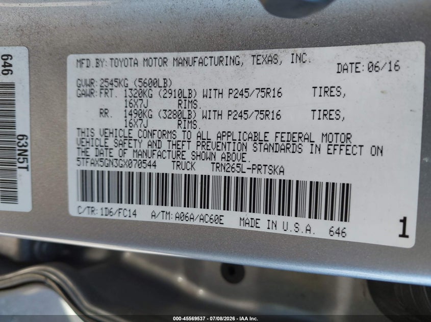 2016 Toyota Tacoma VIN 5TFAX5GN3GX070544 IAAI salvage auction — FRONT & REAR, Salvage Title, sold $6,800 on 2026-07-26 (photo 9)