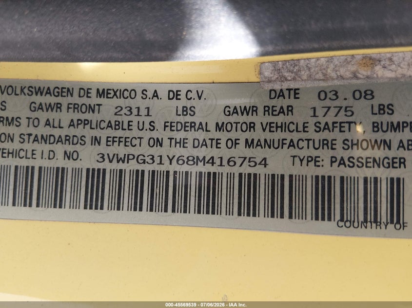 2008 Volkswagen Beetle VIN 3VWPG31Y68M416754 IAAI salvage auction — NORMAL WEAR, Clear (Nevada), sold $200 on 2026-07-19 (photo 9)