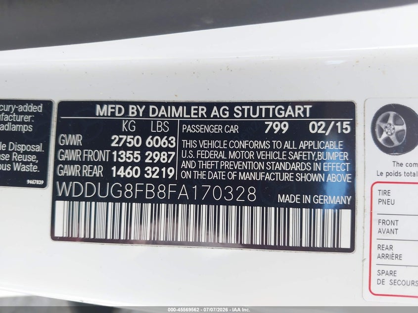2015 Mercedes-benz S-klasse VIN WDDUG8FB8FA170328 IAAI salvage auction — ROOF, Salvage (Pennsylvania), sold $8,400 on 2026-07-28 (photo 9)
