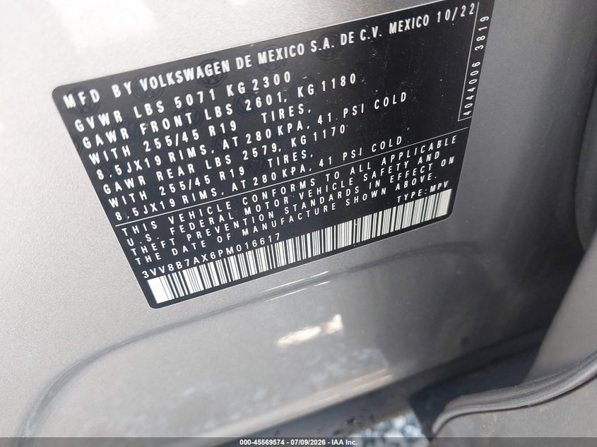 2023 Volkswagen Tiguan VIN 3VV8B7AX6PM016617 IAAI salvage auction — FRONT END, Salvage Title, sold $7,250 on 2026-08-27 (photo 9)