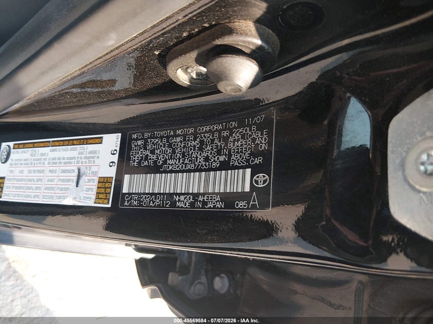 2008 Toyota Prius VIN JTDKB20UX87733189 IAAI salvage auction — NORMAL WEAR, Clear (Colorado), sold $550 on 2026-07-28 (photo 9)