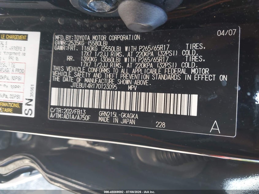 2007 Toyota 4runner VIN JTEBU14R170123095 IAAI salvage auction — FRONT END, Mv-907A (New York), sold $1,250 on 2026-07-21 (photo 9)