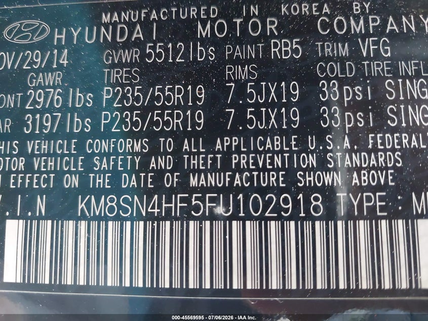 2015 Hyundai Santa fe VIN KM8SN4HF5FU102918 IAAI salvage auction — SUSPENSION, Salvage Title, sold $1,950 on 2026-07-29 (photo 9)