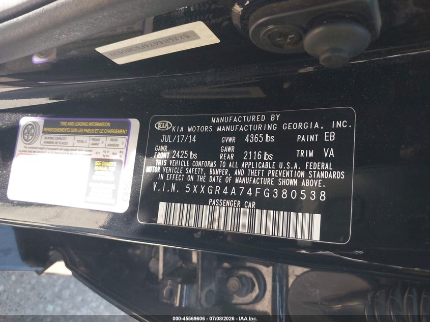 2015 Kia Optima VIN 5XXGR4A74FG380538 IAAI salvage auction — NORMAL WEAR, Original (Texas), sold $575 on 2026-07-29 (photo 9)
