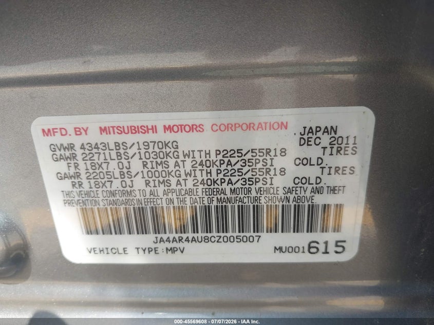 2012 Mitsubishi Outlander VIN JA4AR4AU8CZ005007 IAAI salvage auction — NORMAL WEAR, Salvage Title, sold $550 on 2026-07-20 (photo 9)