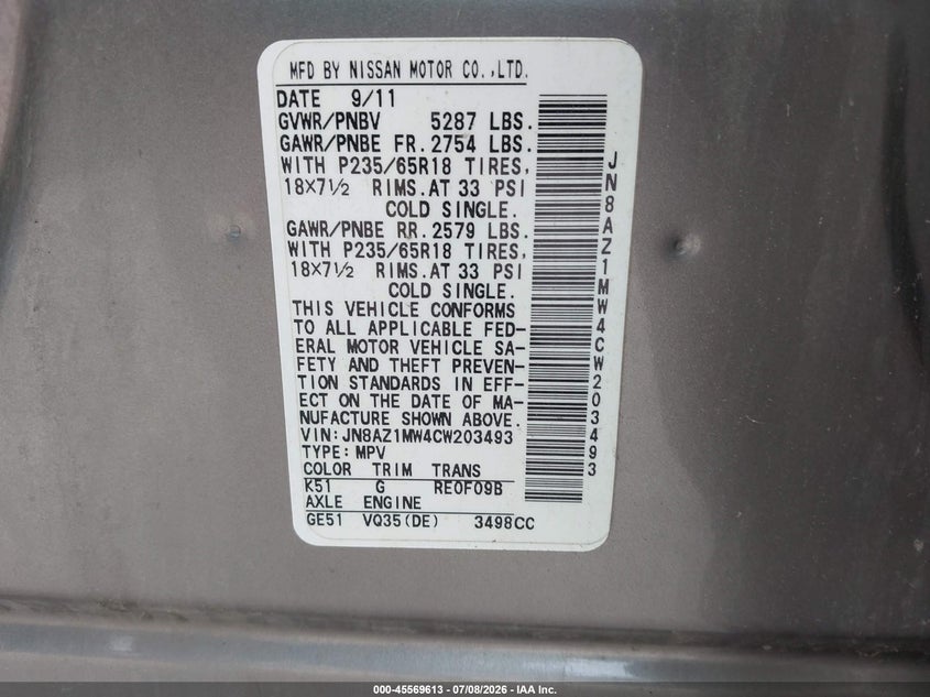 2012 Nissan Murano VIN JN8AZ1MW4CW203493 IAAI salvage auction — NORMAL WEAR, Clear-Endorsement (Wisconsin), sold $250 on 2026-07-18 (photo 9)