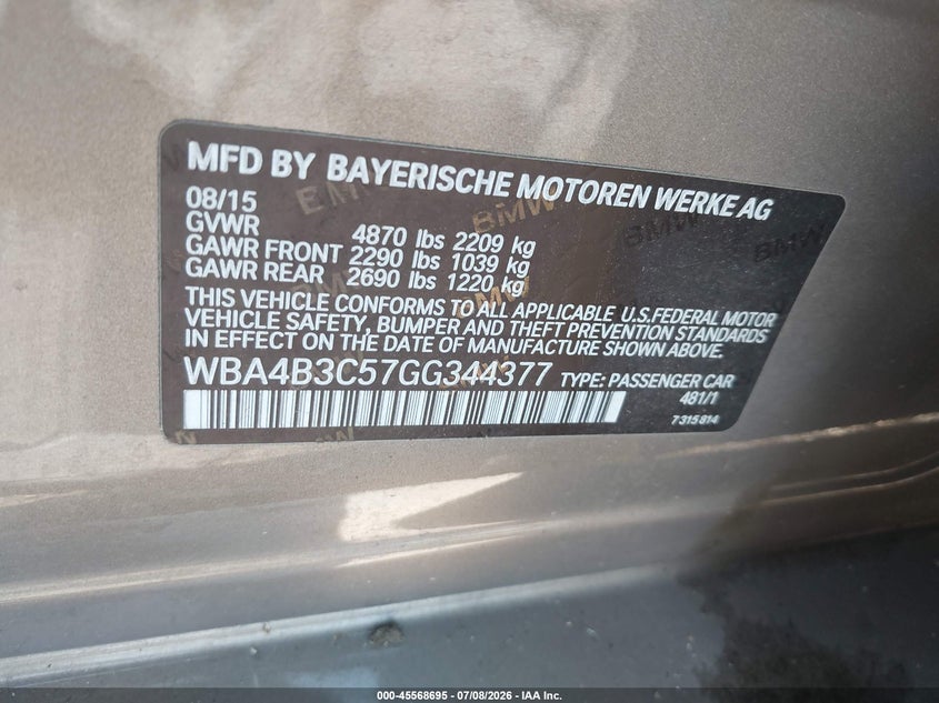 2016 BMW 4er VIN WBA4B3C57GG344377 IAAI salvage auction — FRONT & REAR, Mv-907A (New York), sold $875 on 2026-07-28 (photo 9)