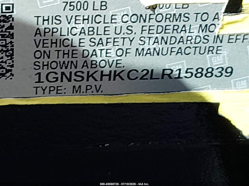2020 Chevrolet Suburban VIN 1GNSKHKC2LR158839 IAAI salvage auction — NORMAL WEAR, Original (Texas), sold $8,950 on 2026-07-29 (photo 9)