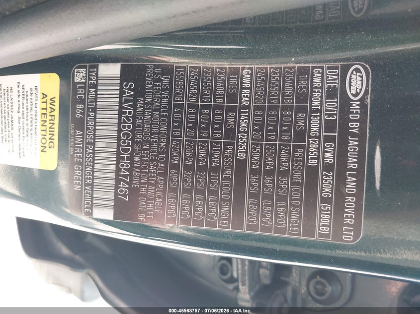 2013 Land rover Range rover evoque VIN SALVR2BG5DH847467 IAAI salvage auction — NORMAL WEAR, Salvage Title, sold $625 on 2026-07-22 (photo 9)