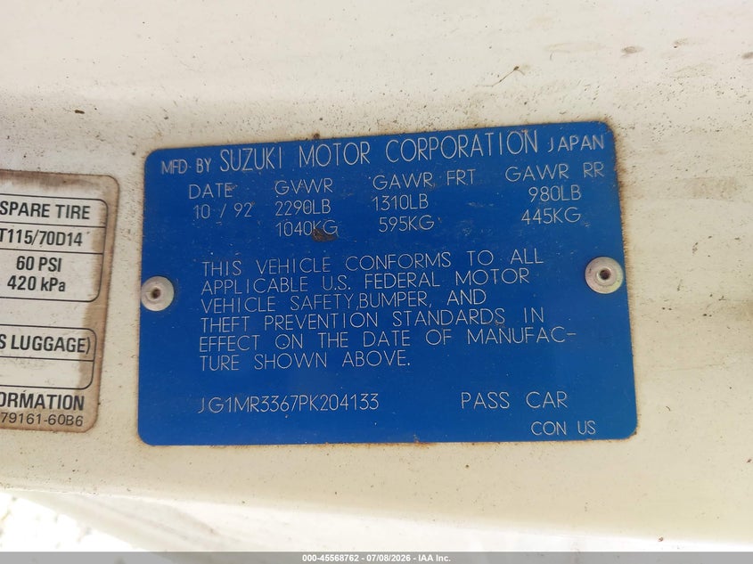 1993 Geo Metro VIN JG1MR3367PK204133 IAAI salvage auction — NORMAL WEAR, Clear (Florida), sold $275 on 2026-07-16 (photo 9)