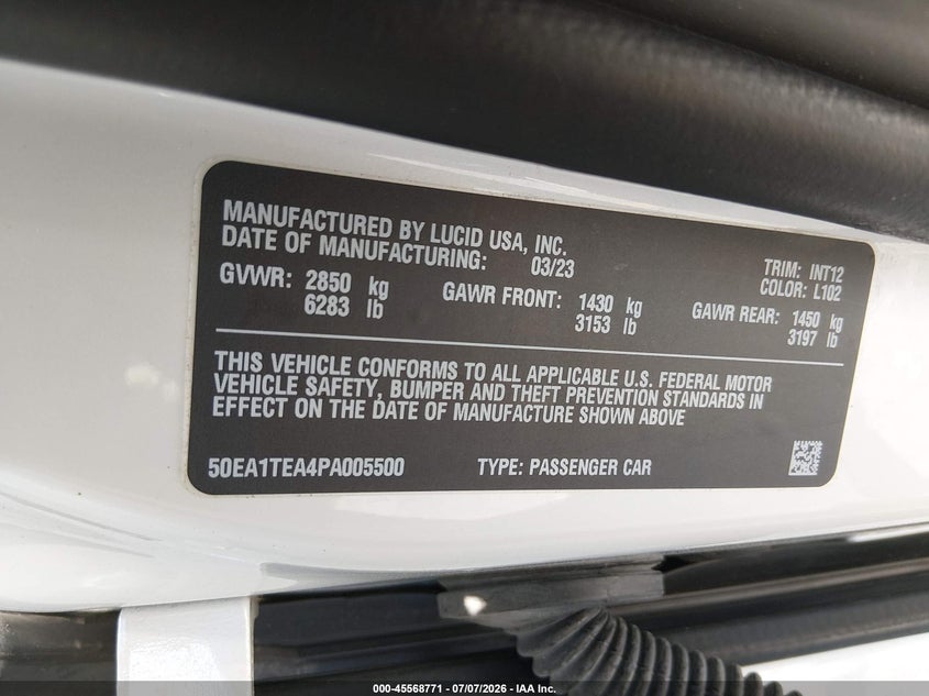 2023 Lucid Air VIN 50EA1TEA4PA005500 IAAI salvage auction — REAR END, Wait Title, sold $13,300 on 2026-09-01 (photo 9)