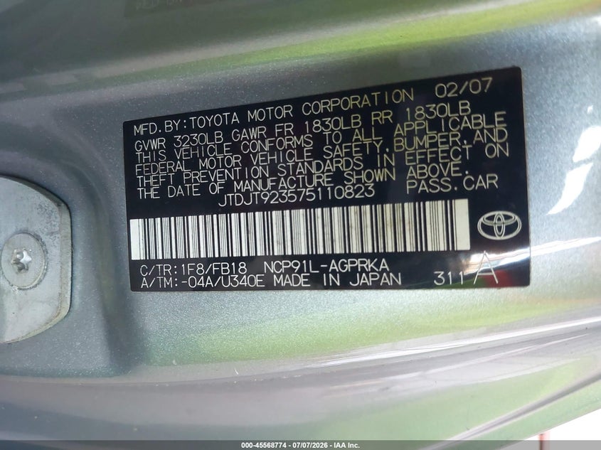 2007 Toyota Yaris VIN JTDJT923575110823 IAAI salvage auction — NORMAL WEAR, Clear (Florida), sold $450 on 2026-07-29 (photo 9)