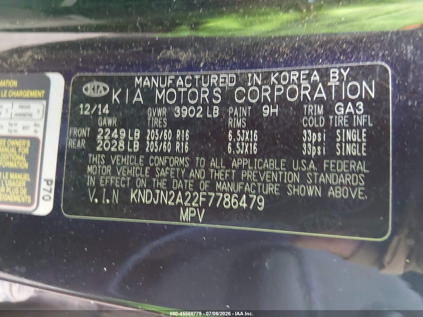 2015 Kia Soul VIN KNDJN2A22F7786479 IAAI salvage auction — NORMAL WEAR, Clear-Dealer Only (Arizona), sold $400 on 2026-07-28 (photo 9)