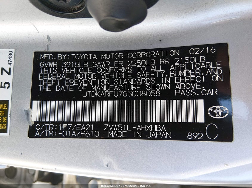 2016 Toyota Prius VIN JTDKARFU7G3008058 IAAI salvage auction — NORMAL WEAR, Salvage (California), sold $2,975 on 2026-07-29 (photo 9)