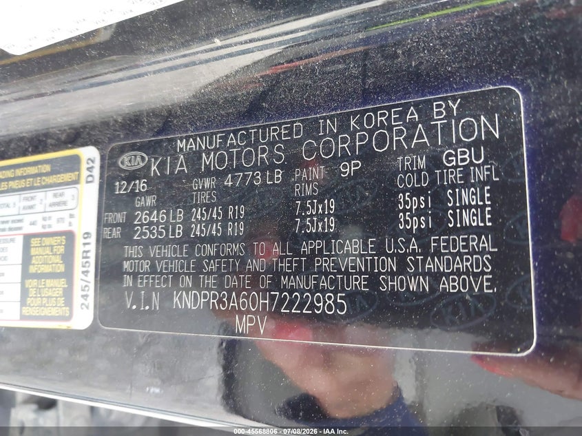 2017 Kia Sportage VIN KNDPR3A60H7222985 IAAI salvage auction — UNKNOWN, Clear (Louisiana), sold $2,650 on 2026-07-11 (photo 9)
