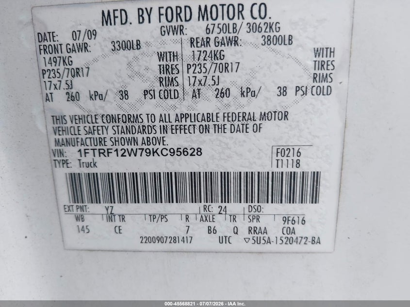 2009 Ford F-150 VIN 1FTRF12W79KC95628 IAAI salvage auction — FRONT END, Rebuildable (Florida), sold $700 on 2026-07-23 (photo 9)