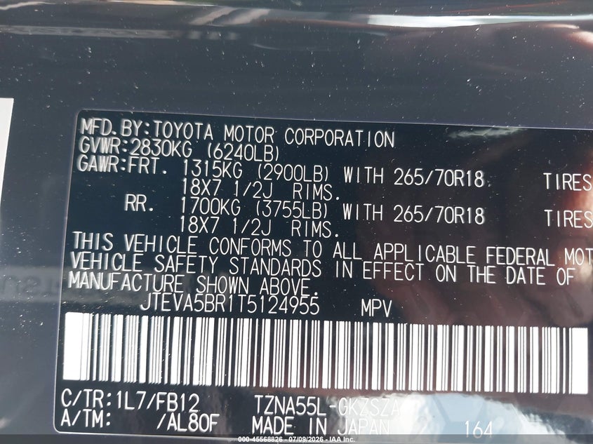 2026 Toyota 4runner VIN JTEVA5BR1T5124955 IAAI salvage auction — STORM DAMAGE, Salvage Title, sold $17,600 on 2026-07-28 (photo 9)