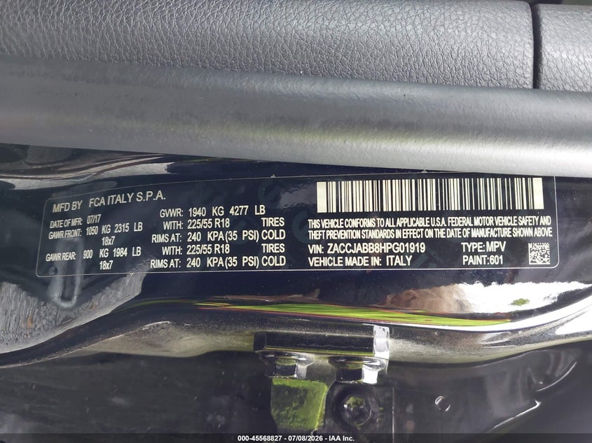 2017 Jeep Renegade VIN ZACCJABB8HPG01919 IAAI salvage auction — FRONT END, Bill Of Sale (Washington), sold $1,400 on 2026-08-12 (photo 9)