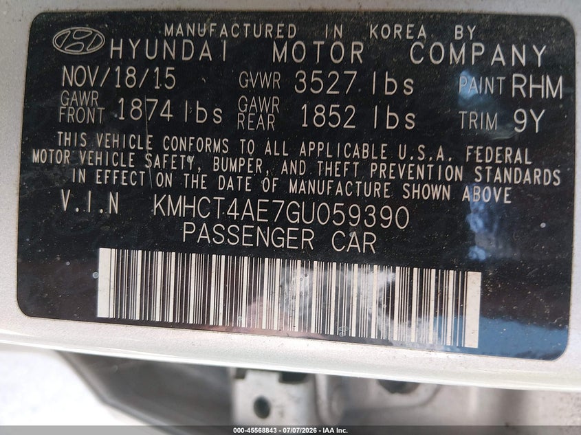 2016 Hyundai Accent VIN KMHCT4AE7GU059390 IAAI salvage auction — NORMAL WEAR, Original (Texas), sold $925 on 2026-07-20 (photo 9)