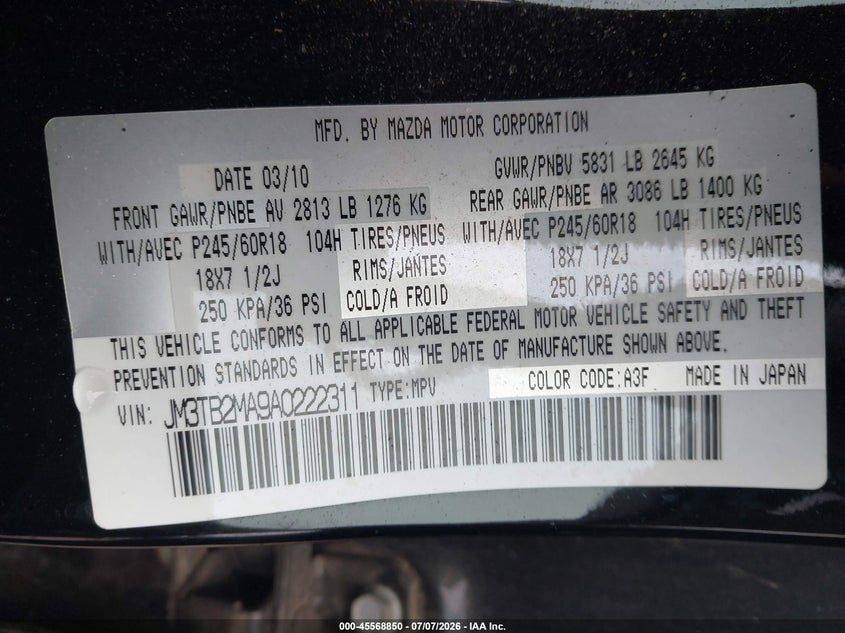 2010 Mazda Cx-9 VIN JM3TB2MA9A0222311 IAAI salvage auction — NORMAL WEAR, Clear-Dealer Only (Maryland), sold $700 on 2026-07-23 (photo 9)