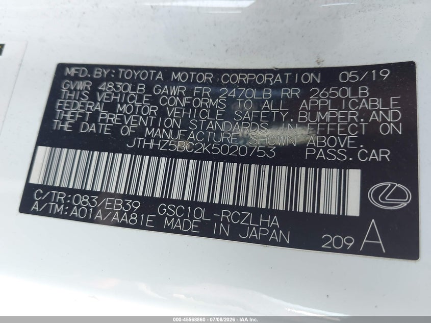 2019 Lexus Rc VIN JTHHZ5BC2K5020753 IAAI salvage auction — RIGHT FRONT, Salvage Title, sold $8,050 on 2026-09-09 (photo 9)