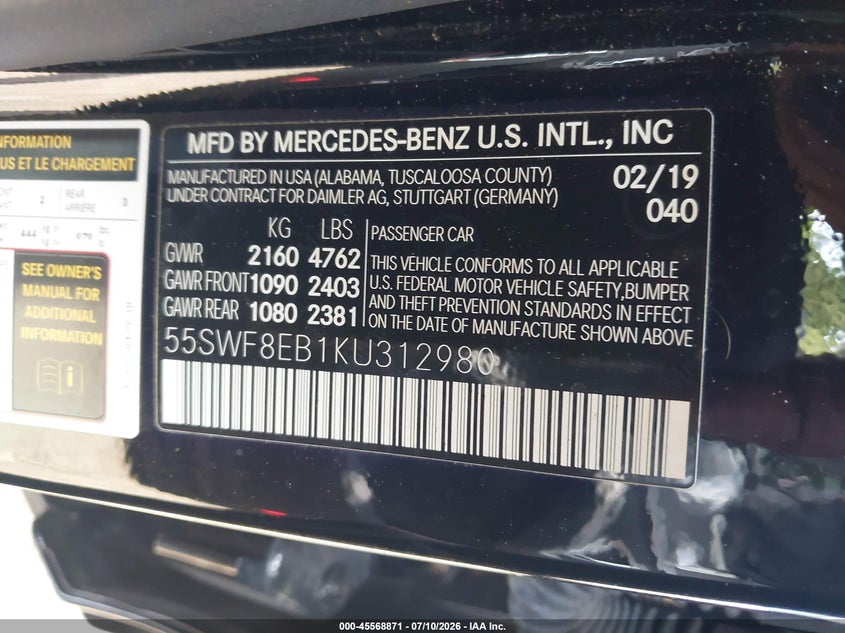 2019 Mercedes-benz VIN 55SWF8EB1KU312980 IAAI salvage auction — FRONT END, Salvage Title, sold $8,400 on 2026-09-03 (photo 9)