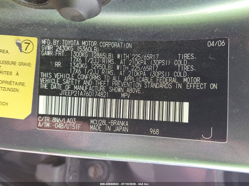 2006 Toyota Highlander VIN JTEEP21A760174821 IAAI salvage auction — FRONT END, Mv-907A (New York), sold $925 on 2026-07-18 (photo 9)