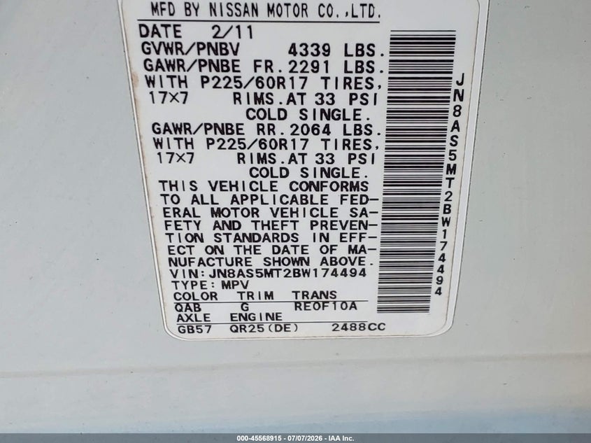 2011 Nissan Rogue VIN JN8AS5MT2BW174494 IAAI salvage auction — NORMAL WEAR, Clear (Louisiana), sold $700 on 2026-07-14 (photo 9)