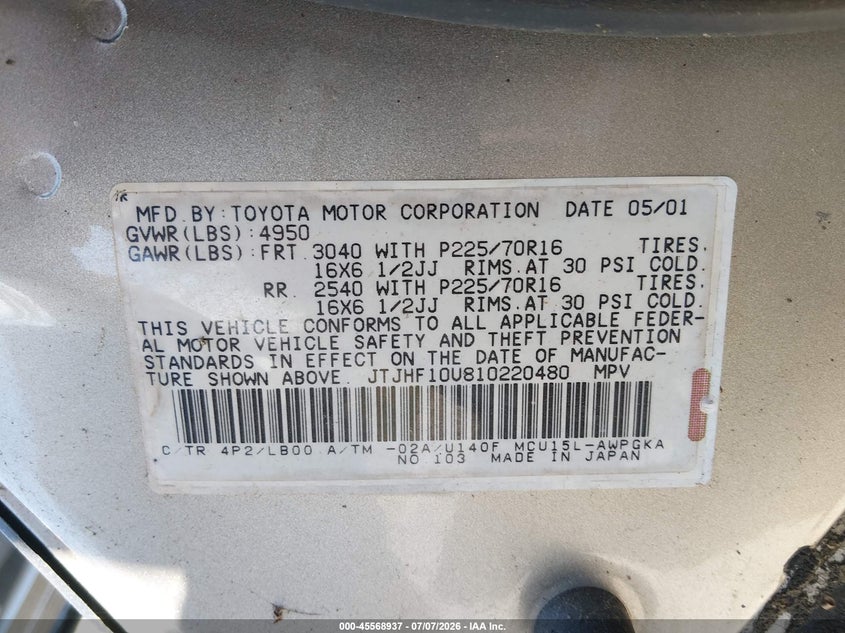 2001 Lexus Rx 300 VIN JTJHF10U810220480 IAAI salvage auction — NORMAL WEAR, Clear (Washington), sold $675 on 2026-07-15 (photo 9)