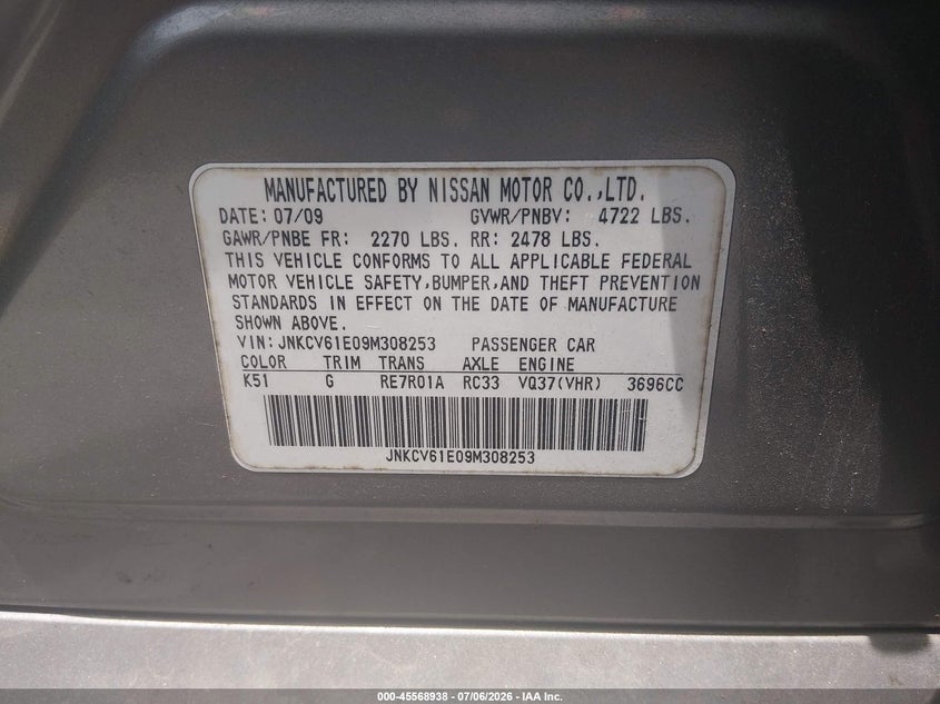 2009 Infiniti G37 VIN JNKCV61E09M308253 IAAI salvage auction — NORMAL WEAR, Clear (Louisiana), sold $1,500 on 2026-07-20 (photo 9)