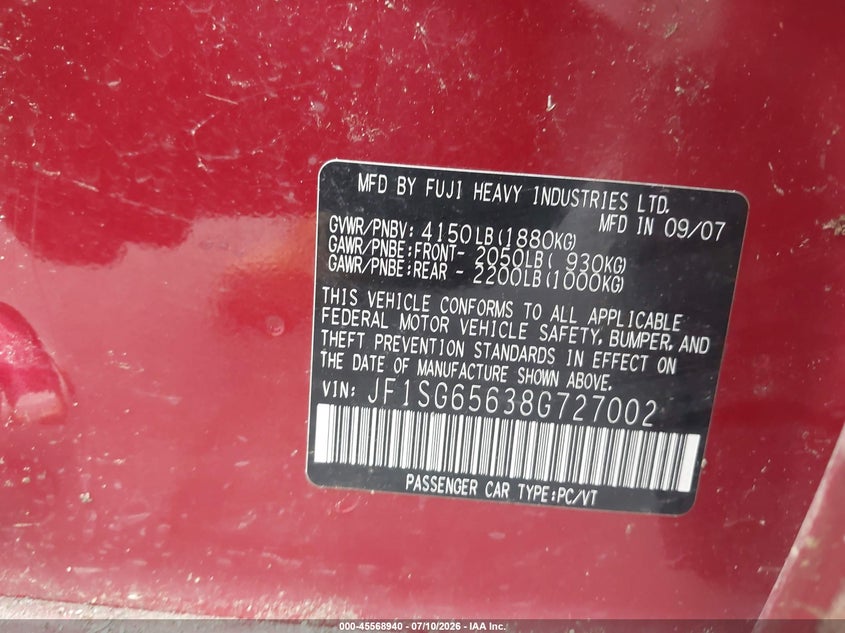 2008 Subaru Forester VIN JF1SG65638G727002 IAAI salvage auction — NORMAL WEAR, Clear (Tennessee), sold $275 on 2026-07-28 (photo 9)