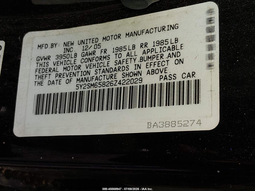 2006 Pontiac Vibe VIN 5Y2SM65826Z422029 IAAI salvage auction — NORMAL WEAR, Clear (Tennessee), sold $125 on 2026-07-30 (photo 9)