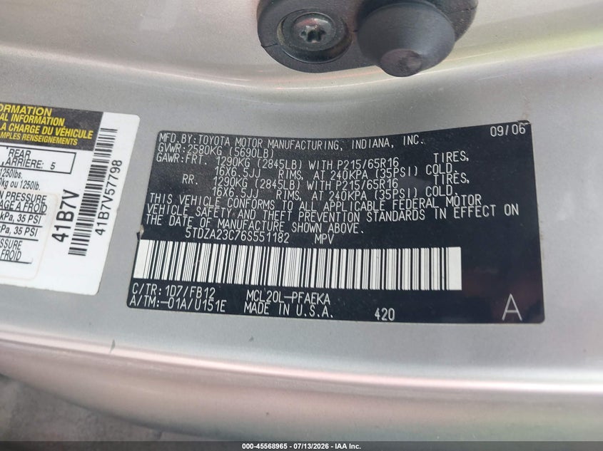2006 Toyota Sienna VIN 5TDZA23C76S551182 IAAI salvage auction — NORMAL WEAR, Original (Texas), sold $1,100 on 2026-07-16 (photo 9)