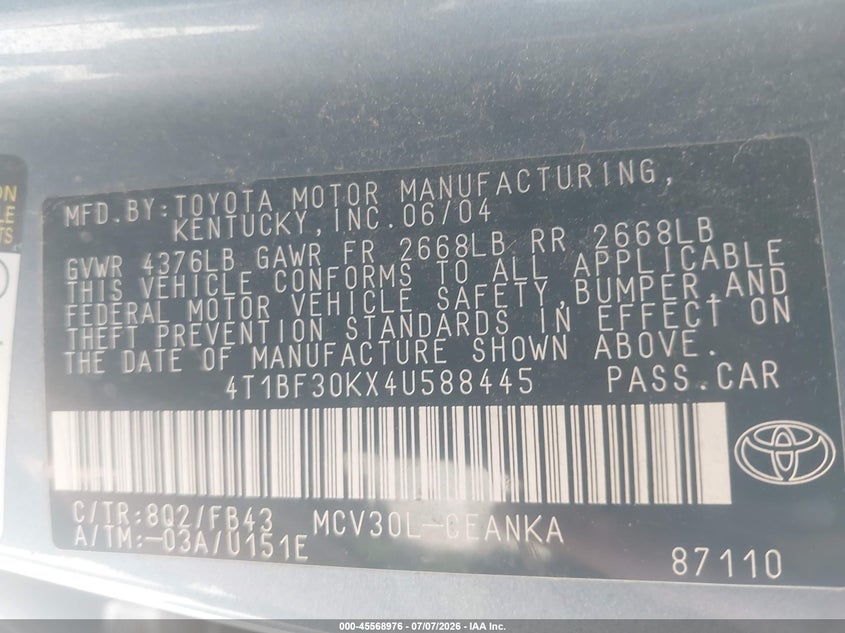 2004 Toyota Camry VIN 4T1BF30KX4U588445 IAAI salvage auction — NORMAL WEAR, Clear (Utah), sold $425 on 2026-07-18 (photo 9)