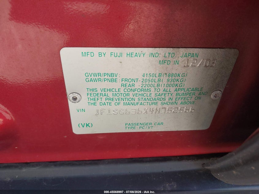 2004 Subaru Forester VIN JF1SG636X4H752566 IAAI salvage auction — LEFT SIDE, Mv-907A (New York), sold $425 on 2026-07-28 (photo 9)