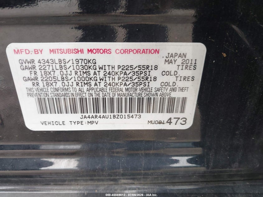 2011 Mitsubishi Outlander VIN JA4AR4AU1BZ015473 IAAI salvage auction — FRONT END, Salvage (Pennsylvania), sold $425 on 2026-07-21 (photo 9)