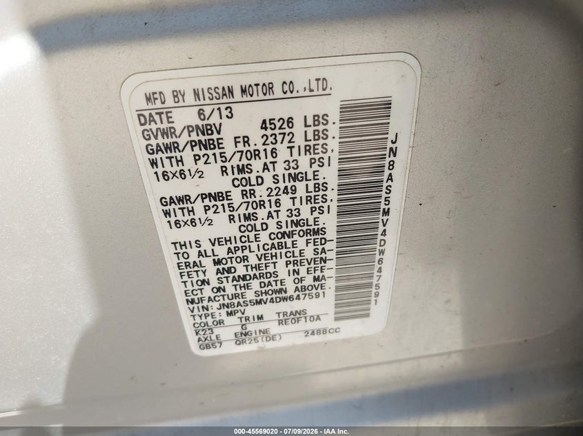 2013 Nissan Rogue sport VIN JN8AS5MV4DW647591 IAAI salvage auction — REAR END, Clear (New York), sold $425 on 2026-07-14 (photo 9)