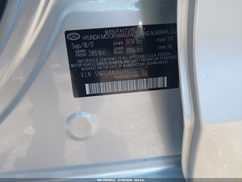 2018 Hyundai Elantra VIN 5NPD84LF0JH275275 IAAI salvage auction — UNKNOWN, Salvage (South Carolina), sold $2,100 on 2026-07-26 (photo 9)