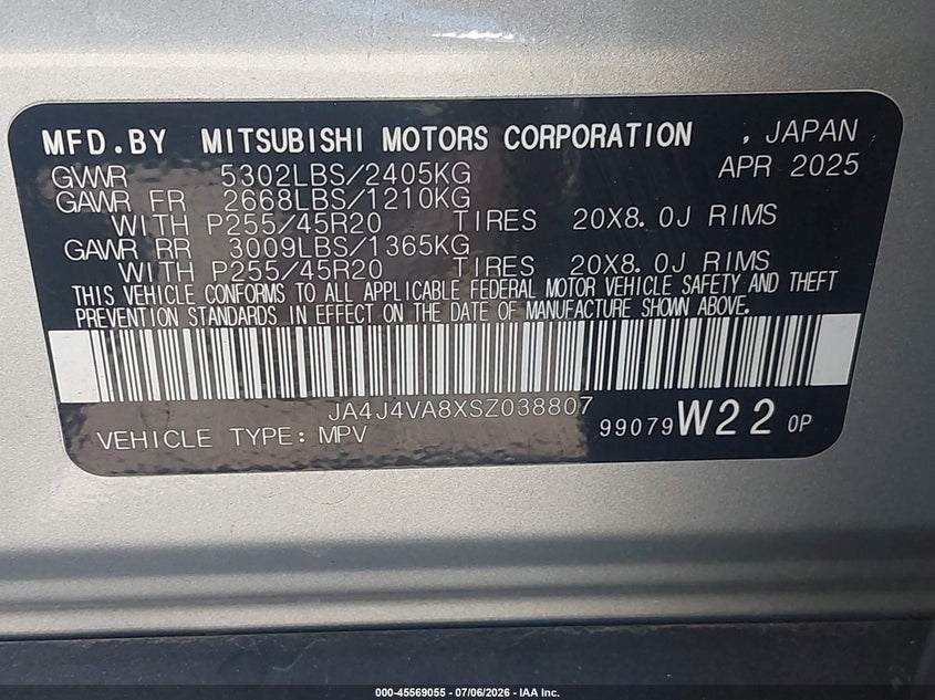 2025 Mitsubishi Outlander VIN JA4J4VA8XSZ038807 IAAI salvage auction — FRONT END, Salvage Title, sold $8,450 on 2026-07-15 (photo 9)