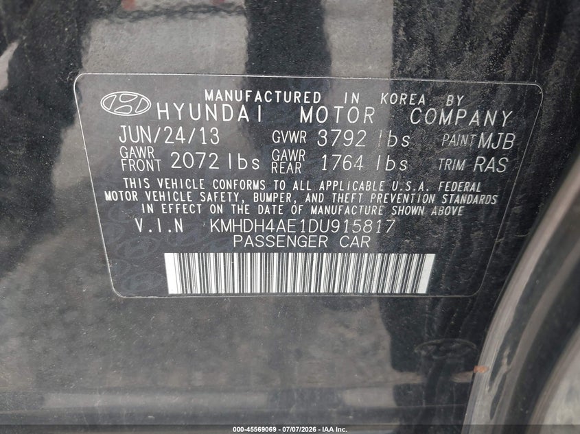 2013 Hyundai Elantra VIN KMHDH4AE1DU915817 IAAI salvage auction — REAR END, Original (Ohio), sold $225 on 2026-07-21 (photo 9)